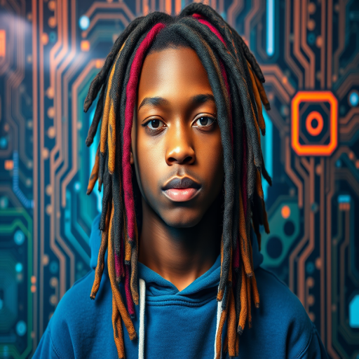 Create an ultra-realistic portrait of a young person with vibrant, multi-colored dreadlocks, wearing a blue hoodie, set against a futuristic tech background filled with circuits and digital elements, captured with a Canon EOS R5 at f/1.8, ISO 100, 50mm lens, in a soft natural lighting style for enhanced depth and detail.
