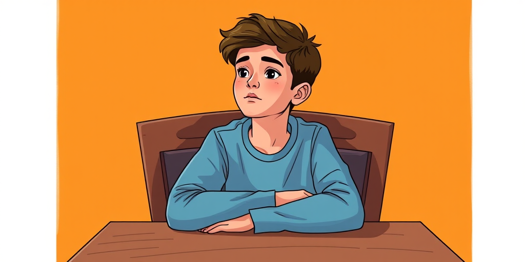 Create a digital illustration of a young person sitting at a wooden table, looking contemplative, with an orange background, using a Canon EOS R5 camera, 50mm lens, f/2.8 aperture, 1/60 shutter speed, in a bright and vibrant color style.