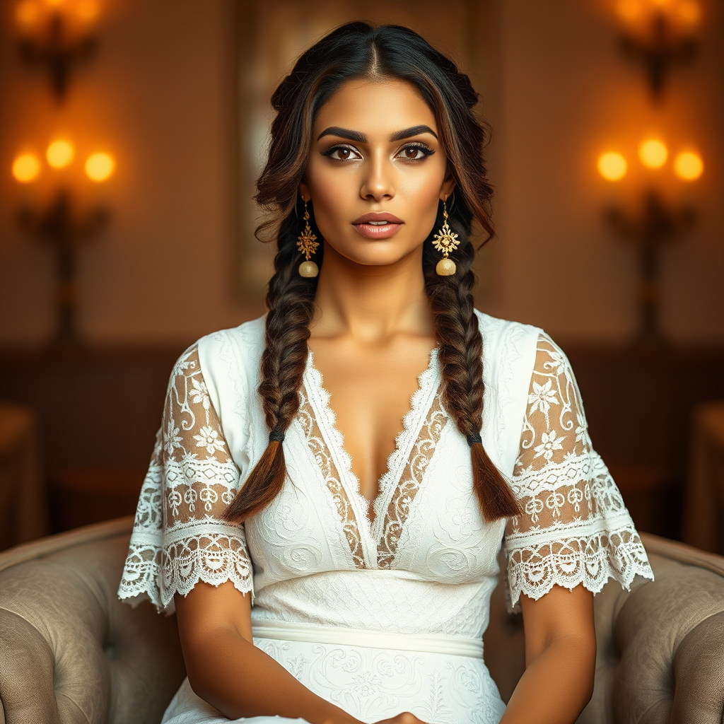 Create a portrait of a refined and elegant Coptic woman seated in a sophisticated setting. She has long, wavy hair styled in two thick braids that are pulled over her shoulders. She wears a white, lace gown with intricate patterns, featuring a deep V-neckline and short sleeves. The dress exudes a vintage charm with its delicate lacework. She is adorned with ornate, dangling earrings that add a touch of glamour to her appearance. The background is softly lit, with warm, ambient lighting that creates a cozy and inviting atmosphere. Her expression is poised and serene, capturing a sense of grace and elegance.