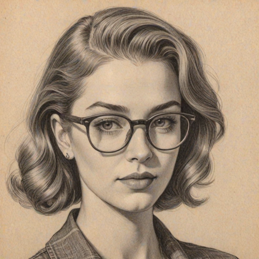 Sublime Jessie Paege, pencil sketch, portrait of Fascinating woman 1938s in glasses, hair style beatnik, outline, clear lines, fine lines, 8k