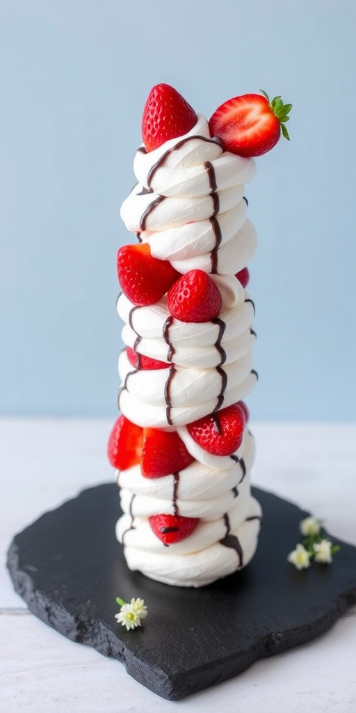 A tall layered dessert made of meringue, filled with whipped cream and fresh strawberries, drizzled with chocolate, on a black slate plate, against a light blue background, garnished with small white flowers.