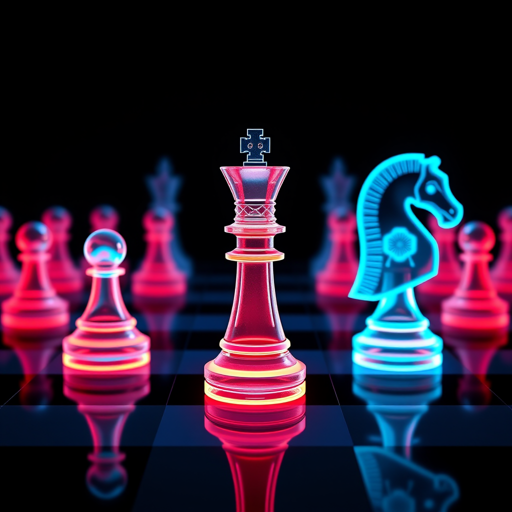 Create a highly detailed 3D render of a glowing neon chess board featuring a transparent king and glowing knight pieces, with a deep black background, using a wide-angle lens at f/1.8, ISO 100, and a resolution of 4K to enhance clarity and color vibrancy.