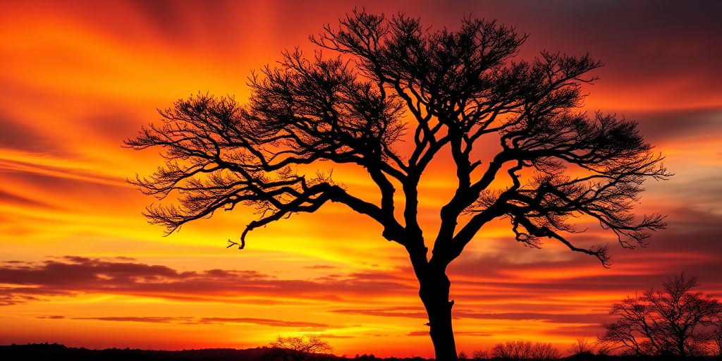 Create a high-resolution image of a stylized tree silhouette against a vibrant sunset sky, using a DSLR camera at f/8 aperture, ISO 100, 1/125 shutter speed, capturing a wide-angle view for depth and detail.