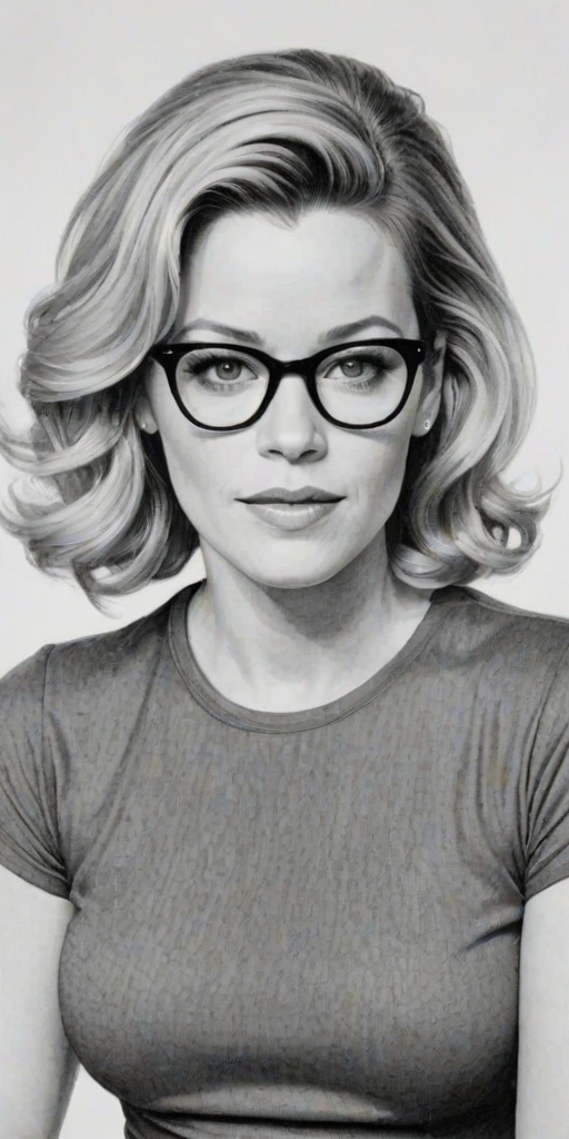 Charming Elizabeth Banks, pencil sketch, portrait of Splendid woman 1957s in glasses, hair style beatnik, outline, clear lines, fine lines, 8k