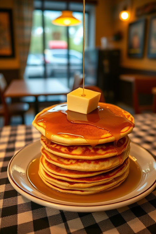 restaurant setting, stack of pancakes with syrup and butter on a plate, checkered tablecloth, warm lighting, DSLR camera, aperture f/2.8, shutter speed 1/60s, ISO 400, shallow depth of field, top-down view