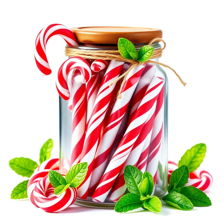 Illustrate a jar filled with red and white striped candy canes, with a wooden lid and tied with string, surrounded by a few mint leaves, using vibrant watercolor style, shot with a Canon EOS R5, 50mm lens, aperture f/2.8, at a 45-degree angle for depth, with soft natural lighting to enhance colors.