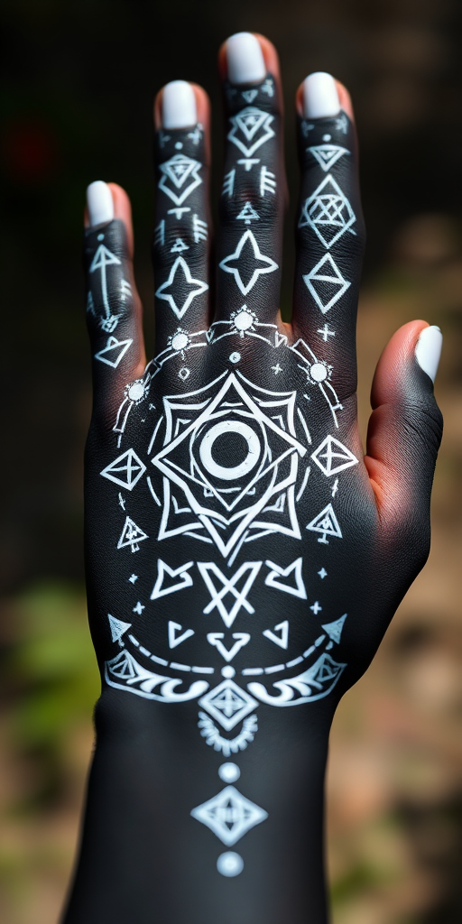 Create a highly detailed illustration of a black hand with white mystical symbols, including an eye, triangles, and other geometric patterns, using a macro lens with a shallow depth of field, focused on the hand, in bright, natural lighting, shot with a DSLR camera at f/2.8, ISO 100, 1/200s shutter speed.