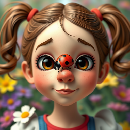 whimsical comical cartoon art Quentin Blake style, closeup portrait view of a cute girl with two ponytails in her hair, an adorable ladybug sits on her nose, funny children’s book illustration with bright colors and flowers in the background