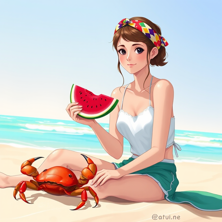Create an illustration of a young woman sitting on a beach holding a slice of watermelon, wearing a colorful headband, with a crab beside her, in a vibrant, sunny setting; use a Canon EOS R5 camera, 50mm lens, f/1.8 aperture, ISO 100, and natural light for enhanced clarity and color saturation.