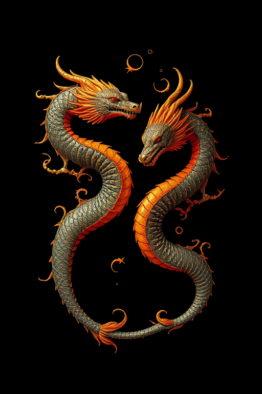 regenerate the image of two intricate, swirling dragon-like creatures with vibrant orange and gold accents against a black background using a DSLR camera, 50mm lens, f/1.8 aperture, ISO 100, 1/200s shutter speed, shooting in HDR mode for enhanced detail and dynamic range.