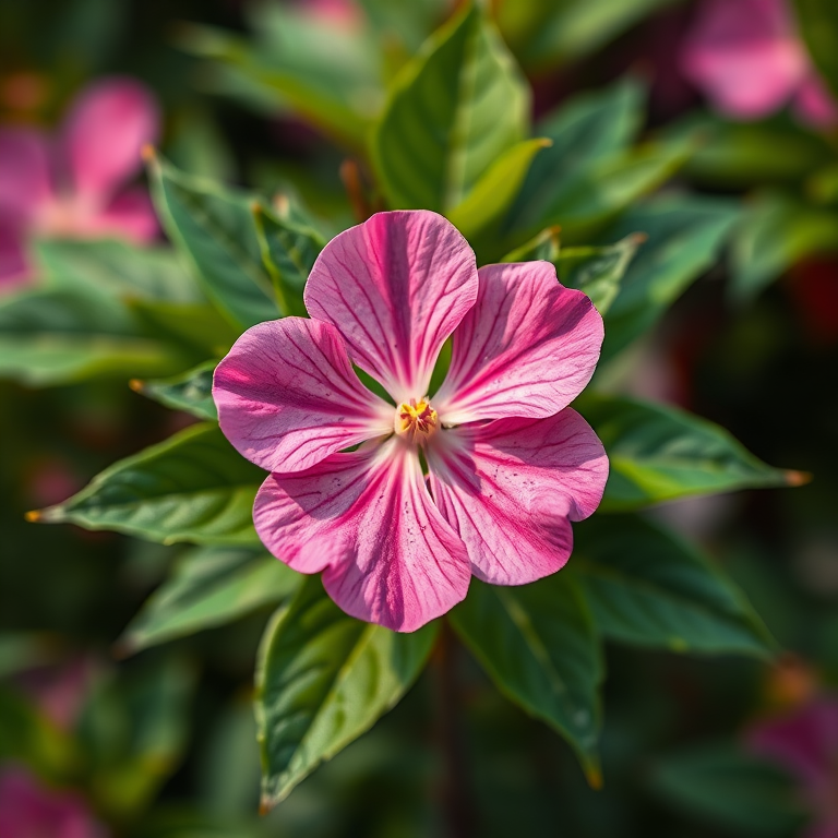 Create a vibrant illustration of a pink flower with green leaves, using a Canon EOS 5D Mark IV, 50mm lens, f/2.8 aperture, ISO 100, shot from a slightly elevated angle with a shallow depth of field to enhance details and colors.