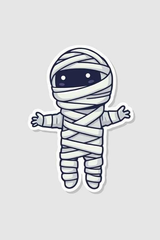 create a kawaii Mummy wrappings sticker, 3d digital art, grey background, sticker line weight