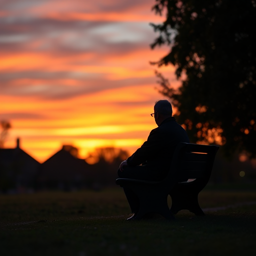 Create a high-resolution image of a silhouette of a person sitting on a bench in a park at sunset with vibrant colors in the sky using a DSLR camera with a 50mm lens, aperture f/1.8, ISO 200, shot from a low angle to capture the depth of the scene.