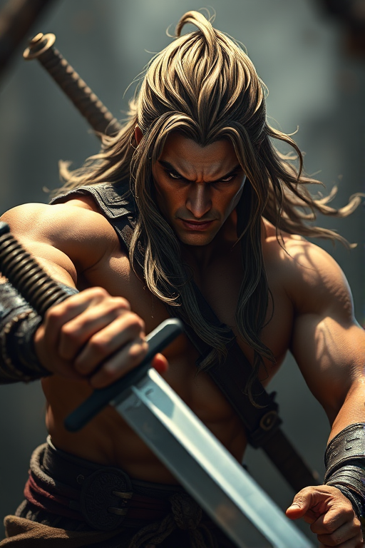 Create a high-resolution digital illustration of a muscular warrior with long hair and a fierce expression, wielding dual swords, in a dramatic lighting setup, using a Canon EOS R5 with a 50mm f/1.2 lens at f/2.8, ISO 100, capturing a close-up view with a soft focus background to enhance depth.