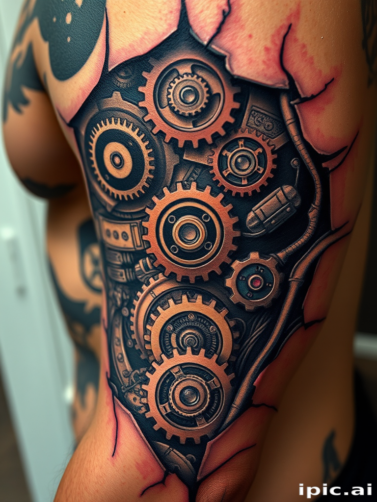 Biomechanical tattoo revealing intricate mechanical components beneath torn skin, hyper-realistic details of gears and wires, fusion of organic and industrial elements for a sci-fi inspired look