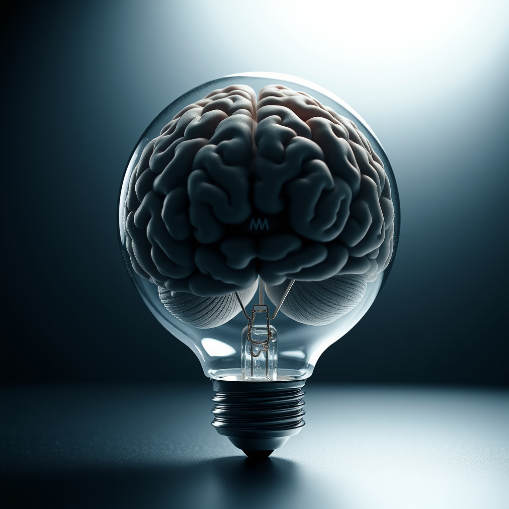 Create a highly detailed 3D rendering of a brain inside a light bulb, using a Canon EOS R5 camera with a 50mm lens, aperture set to f/1.8, ISO 100, in soft diffused lighting, shot from a low angle to emphasize depth and detail, with a dark gradient background to enhance contrast and focus.