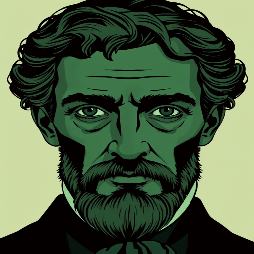 regenerate an illustration of a historical figure with a minimalist style and a green color palette, focus on detailed facial features, close-up view, shot with a DSLR camera at f/2.8, ISO 100, using a 85mm lens for sharpness and clarity, soft lighting to enhance texture and depth