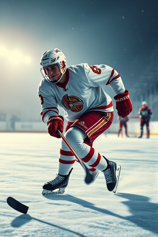 Create a high-resolution vector illustration of a historical ice hockey player in motion, captured from a low angle, using a Canon EOS R5 with a 50mm f/1.8 lens, aperture set to f/2.8, ISO 100, and a shutter speed of 1/500s for crisp details and vibrant contrast.
