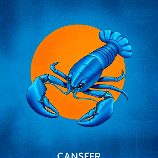 Create a vibrant, digital artwork of a blue lobster symbolizing the zodiac sign Cancer, set against a textured blue background with a radiant orange circle, using a Canon EOS R5 camera at 50mm, f/1.8 aperture, ISO 100, and a focus on vivid colors and sharp details.