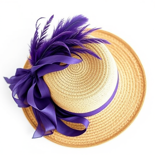 Regenerate a vintage straw hat adorned with purple fabric and feather accents on a white background, using a DSLR camera, 50mm lens, aperture f/1.8 for a blurred background, and natural lighting to enhance texture and colors.