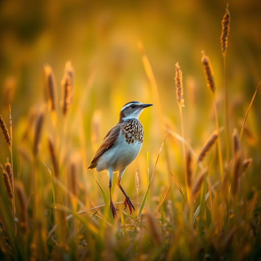 Capture a close-up of a bird standing in tall grass during golden hour, using a DSLR camera with a 300mm lens, aperture set to f/4 for a shallow depth of field, ISO 200 for optimal light sensitivity, and a shutter speed of 1/1000s to freeze motion.