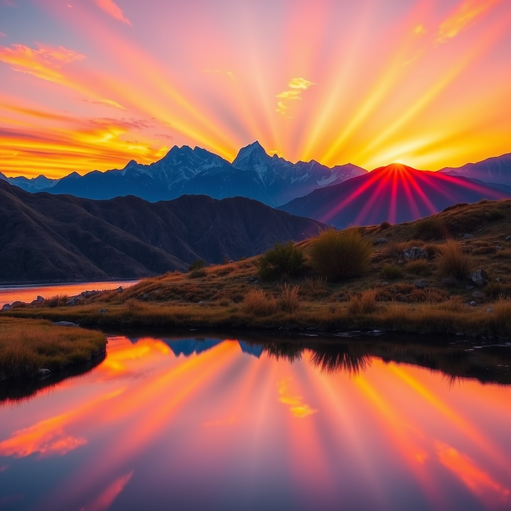 Generate a vibrant, colorful landscape featuring a radiant sunset over mountains with a reflection in the water, using a DSLR camera with a 24mm lens, f/8 aperture, ISO 100, with a panoramic view and HDR settings for enhanced detail and contrast.