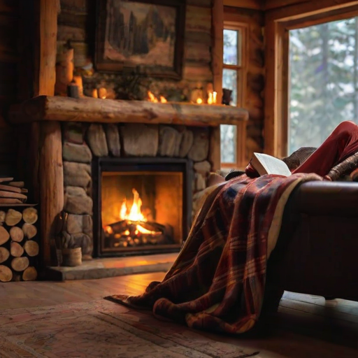 Cozy fireplace in a rustic cabin, a woman curled up with a blanket and a good book, the flames dancing warmly, creating an inviting and relaxing scene.
