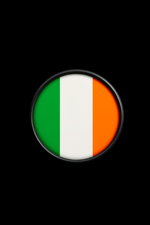 Generate a high-resolution image of a circular emblem featuring the flag of Ireland, with vibrant green, white, and orange colors, shot with a Canon EOS R5 at f/8, ISO 100, 50mm lens, soft lighting, and a clean black background for contrast.