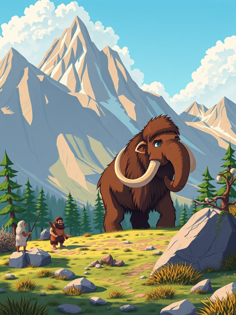 Generate an illustration of a prehistoric scene featuring cartoon cavemen and a woolly mammoth in a mountainous landscape, using a Canon EOS R5 with a 50mm f/1.8 lens, aperture set to f/4, ISO 100, and a bright daylight setting for vivid colors and sharp details.