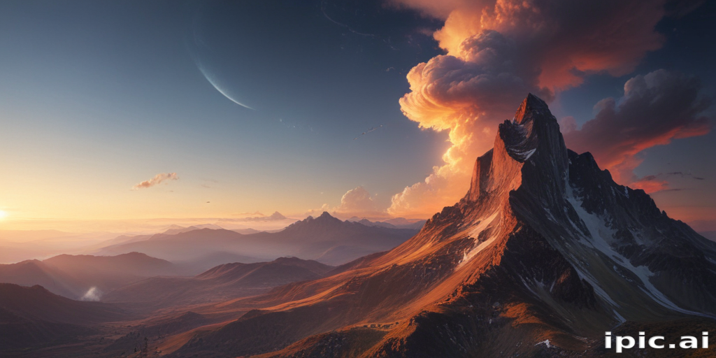 Majestic Mountain Landscape Under Dramatic Clouds and Celestial Bodies ...