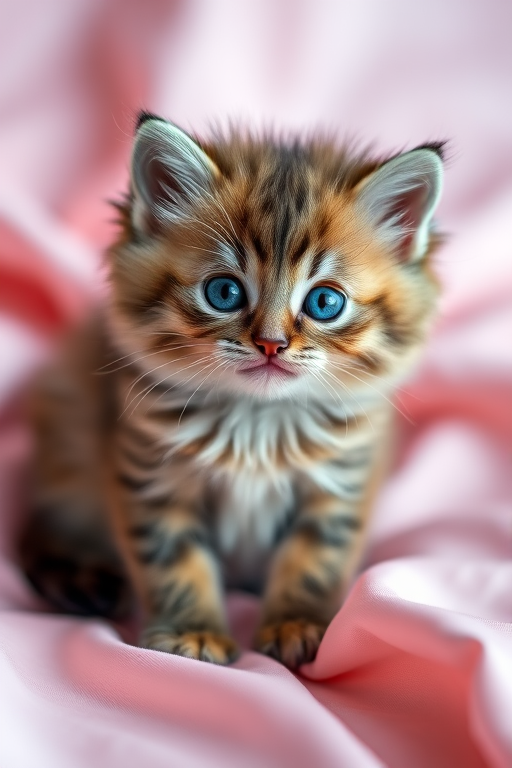 A fluffy kitten with blue eyes sitting on soft pink satin fabric, captured with a Canon EOS R5, 85mm lens, f/1.8, ISO 100, natural light, shallow depth of field for a soft background.