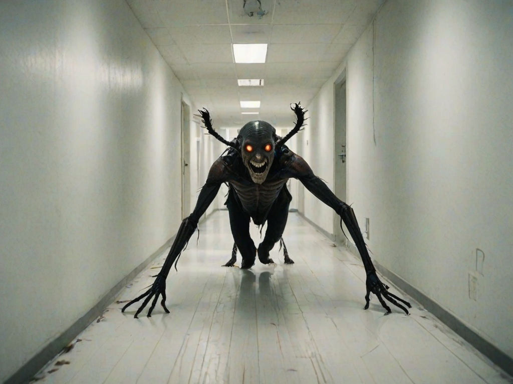 a crooked male with long arms and a creepy smile is crawling along a long white corridor and you can also see cockroaches in it there is a creepy atmosphere creepy art style