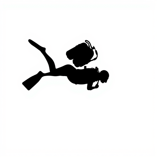 Create a high-quality image of a diving silhouette icon, using a Canon EOS R5 with a 50mm lens, aperture f/2.8, ISO 100, in a flat lay style with a clean white background for contrast.