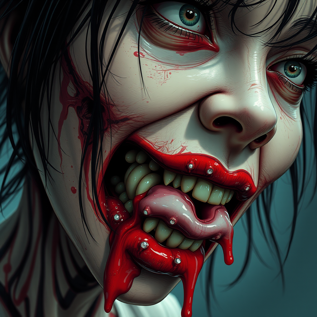 (perspective) of A creepy (ethnicity) zombie cyborg with (descriptive color) skin, (color) lipstick (color) liquid flowing from her eyes and mouth, (perspective two) portrait, (camera angle), extremely detailed, (art style) in the style of Yoshitaka Amano and Tetsuo Hara. --ar 85:128 --style raw --niji 6