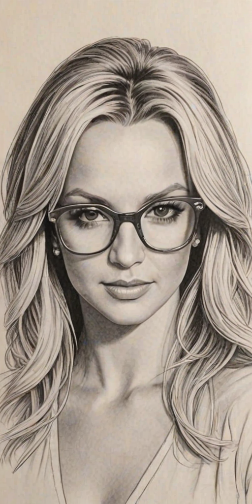 Appealing Britney Spears, pencil sketch, portrait of Elegant woman 1970s in glasses, hair style beatnik, outline, clear lines, fine lines, 8k