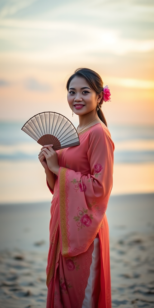 portrait of a woman in traditional clothing holding a fan, standing on a beach at sunset with soft lighting and a serene background, aperture f/2.8, shutter speed 1/250s, ISO 200, 50mm lens, shallow depth of field, natural lighting, DSLR camera
