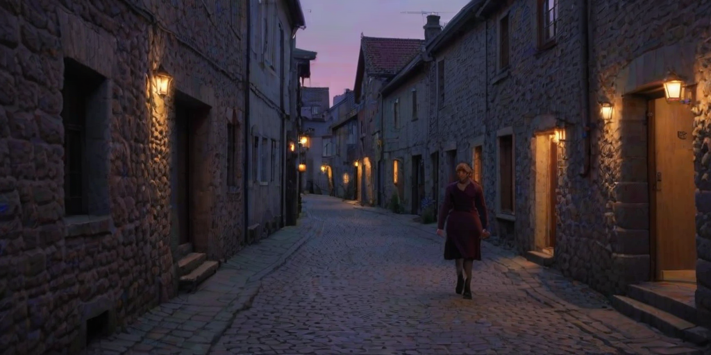 Quiet village at dusk, the sky a deep purple, a woman walks down a narrow cobblestone alleyway, the warm light from windows spilling onto the street as she passes by.