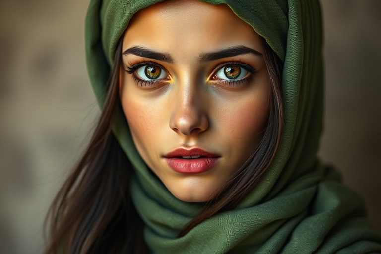 Create a portrait of a young Middle Eastern woman with long, dark hair and captivating hazel eyes. She is wearing a green headscarf and a matching scarf draped gracefully around her neck. The background is softly blurred, focusing attention on her serene and natural expression. The overall color palette is muted and warm, enhancing the intimate and authentic feel of the portrait.