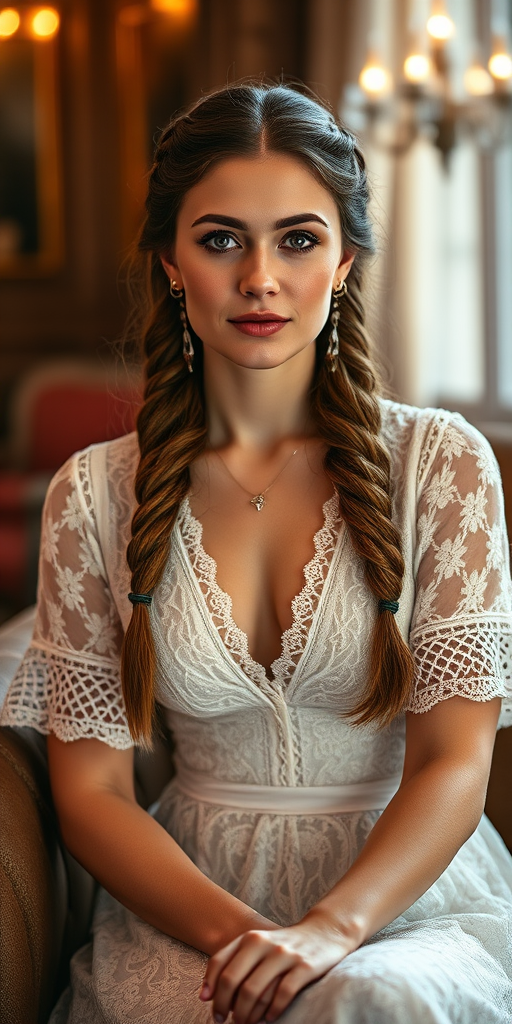 Create a portrait of a refined and elegant Ashkenazi woman seated in a sophisticated setting. She has long, wavy hair styled in two thick braids that are pulled over her shoulders. She wears a white, lace gown with intricate patterns, featuring a deep V-neckline and short sleeves. The dress exudes a vintage charm with its delicate lacework. She is adorned with ornate, dangling earrings that add a touch of glamour to her appearance. The background is softly lit, with warm, ambient lighting that creates a cozy and inviting atmosphere. Her expression is poised and serene, capturing a sense of grace and elegance.
