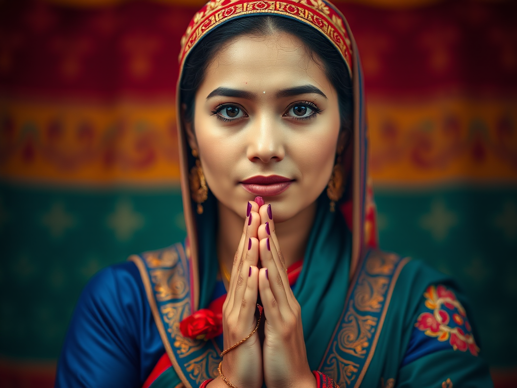 Generate an image of a woman in traditional attire with hands in a prayer position, using a Canon EOS R5 camera, 50mm lens, f/1.8 aperture, ISO 100, front view, high contrast colors, sharp focus on facial features, vibrant background.