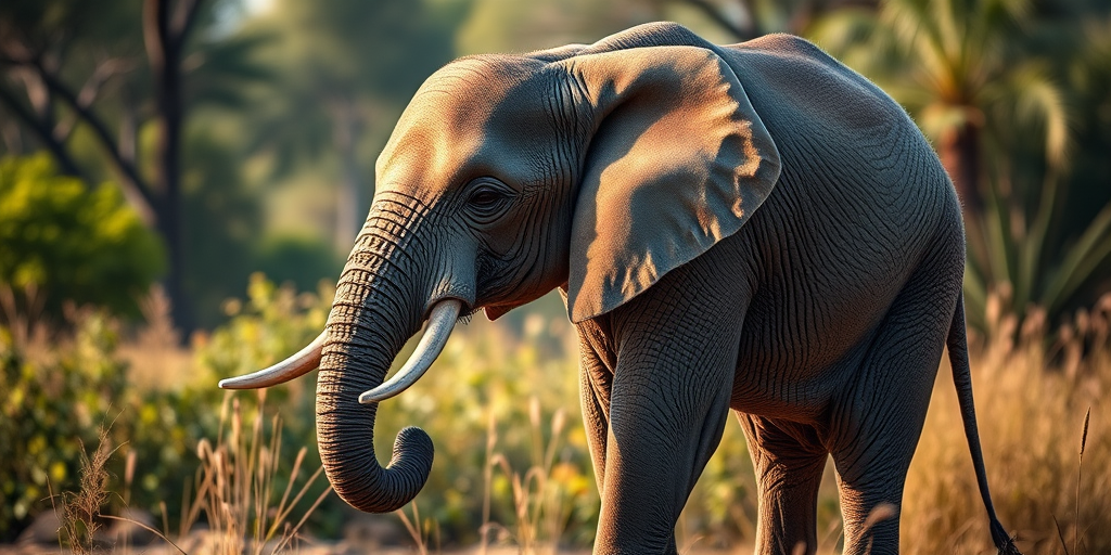 Create a highly detailed 3D render of a young elephant in a naturalistic environment, using a Canon EOS 5D Mark IV with an 85mm f/1.4 lens, aperture set to f/2.8, ISO 200, and a shutter speed of 1/125s, capturing a side view with soft lighting to enhance texture and depth.