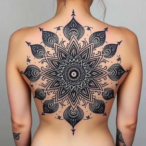 Dotwork mandala tattoo titled "Cosmic Bloom" featuring an intricate floral mandala design expanding from the center of the back, gradually transitioning from dense black dotwork to sparse constellations and star patterns, creating a mesmerizing fade effect that mimics the vastness of space