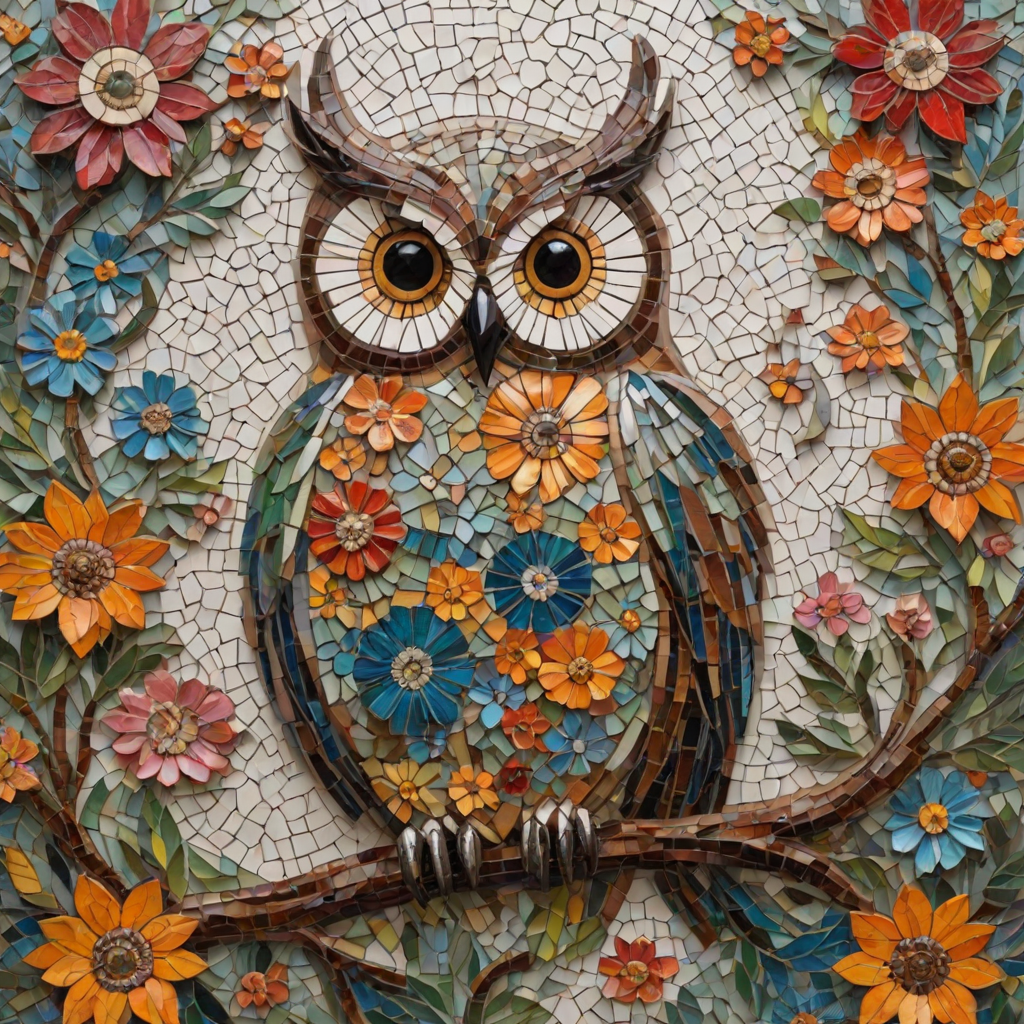 A mosaic of floral owls, one owl intricately composed of individual flower blossoms. The design showcases a delicate balance of nature and form, where the feathers of the owls are replaced by vibrant petals and blooms. The overall appearance is whimsical yet detailed, with each floral element contributing to the intricate patterns of the owl’s body. The artwork embraces a raw, organic style, with natural hues and soft textures, creating a harmonious blend of flora and fauna. The mosaic arrangement adds depth and visual intrigue to the piece, evoking a sense of wonder and artistic beauty.