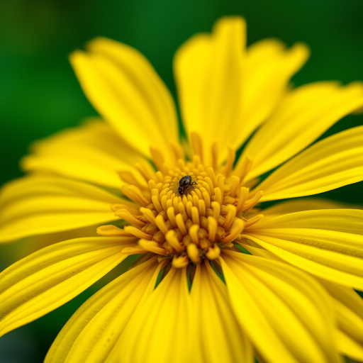 a close-up shot of a bright yellow flower with intricate petals and a green background, taken with a Canon EOS R5, 85mm f/1.4 lens, aperture set to f/2.8, ISO 100, natural lighting, macro photography style