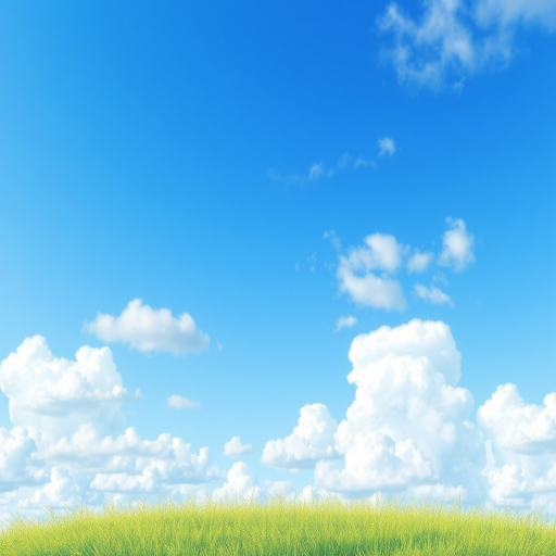 Create a serene digital illustration of a clear blue sky with fluffy white clouds and a small grassy foreground, using a wide-angle lens with an aperture of f/8 for depth, set at a high resolution of 300 DPI, captured in a soft-focus style.