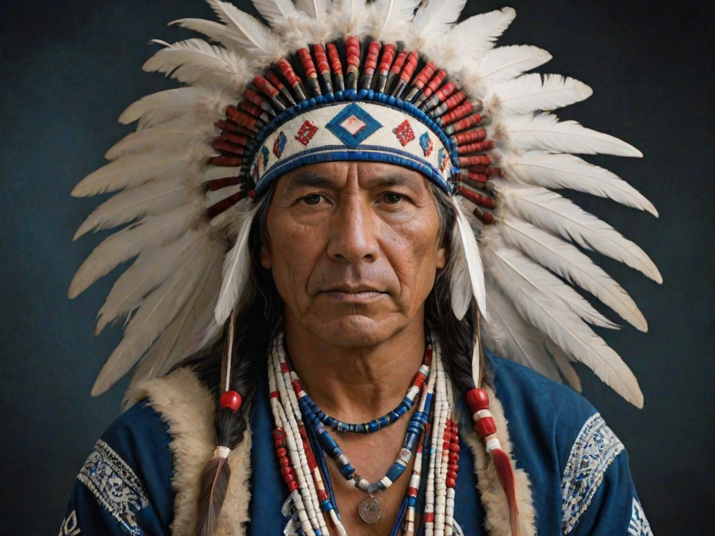 Create a dignified portrait of a Native American man dressed in traditional attire. He wears a beautifully crafted headdress adorned with white feathers and red beads, along with a beaded headband featuring intricate patterns. His clothing includes a deep blue, patterned shirt and a traditional chest piece with detailed beadwork. His arms are crossed, displaying leather armbands decorated with feathers. The background is simple and neutral, emphasizing his proud and stoic expression. The overall image captures the rich cultural heritage and strength of his persona.