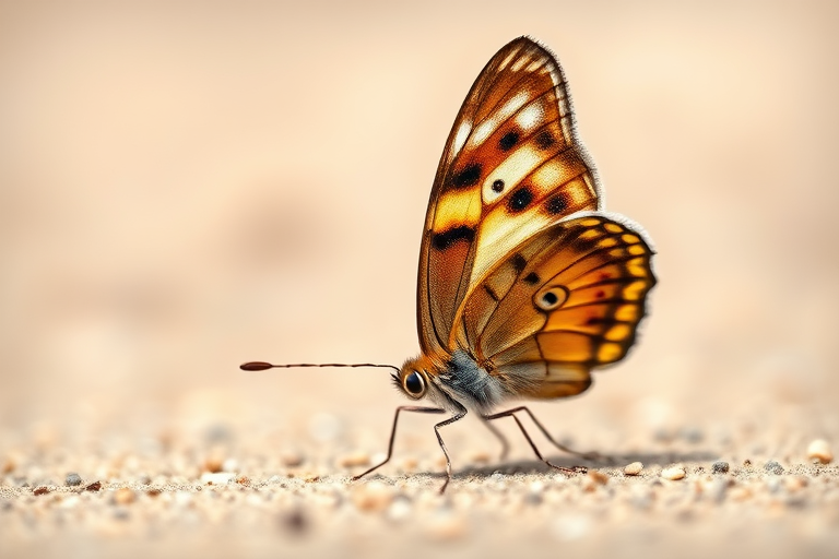 butterfly on a neutral background, macro photography, aperture f/2.8, shutter speed 1/200s, ISO 100, focus on wings with shallow depth of field, soft natural lighting, DSLR camera