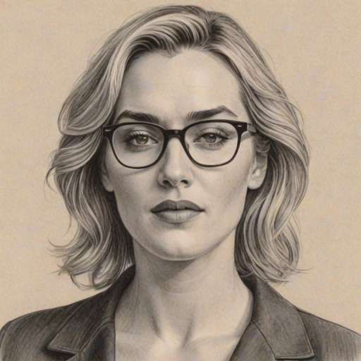 Splendid Kate Winslet, pencil sketch, portrait of Resplendent woman 1978s in glasses, hair style beatnik, outline, clear lines, fine lines, 8k