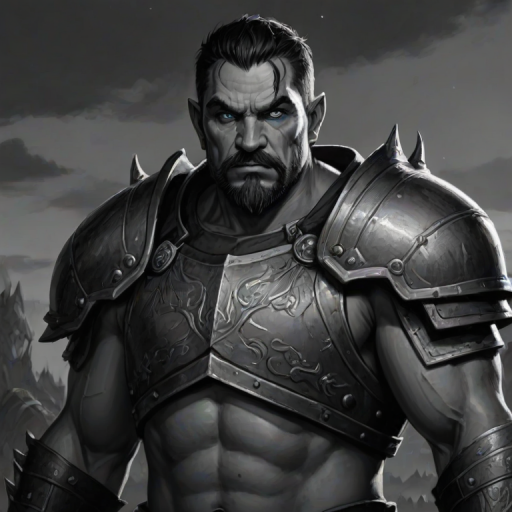 safe, sketch, monochrome, greyscale, 1boy, solo, male focus, mature male, orc, green skin, tusks, blue eyes, short hair, black hair, facial hair, beard, mustache, looking at viewer, armor, shoulder armor, breastplate, pauldrons, upper body, closed mouth, standing, outdoors, night, night sky, dark background