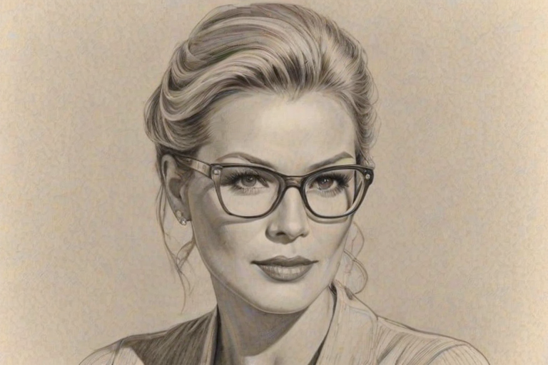 Elegant Katherine Kelly Lang, pencil sketch, portrait of Beauteous woman 1924s in glasses, hair style beatnik, outline, clear lines, fine lines, 8k